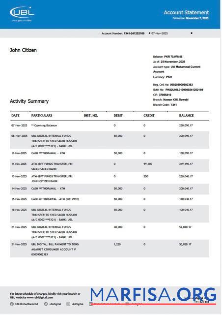 Downloadable Pakistan United Bank Limited account statement word sample